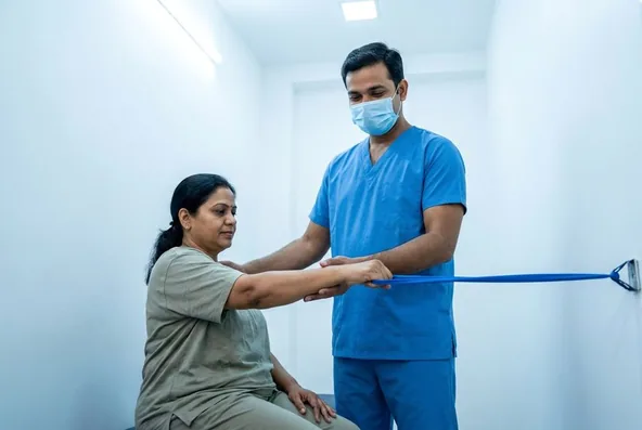 A physiotherapist supporting a patient during rehabilitation