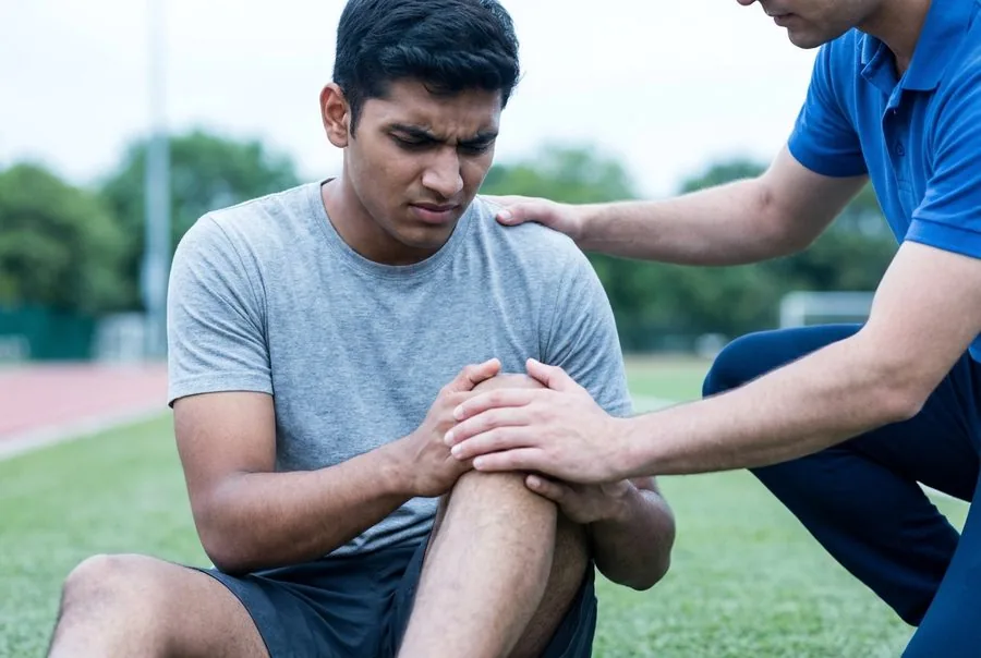 An athlete holding his knee after a twisting injury