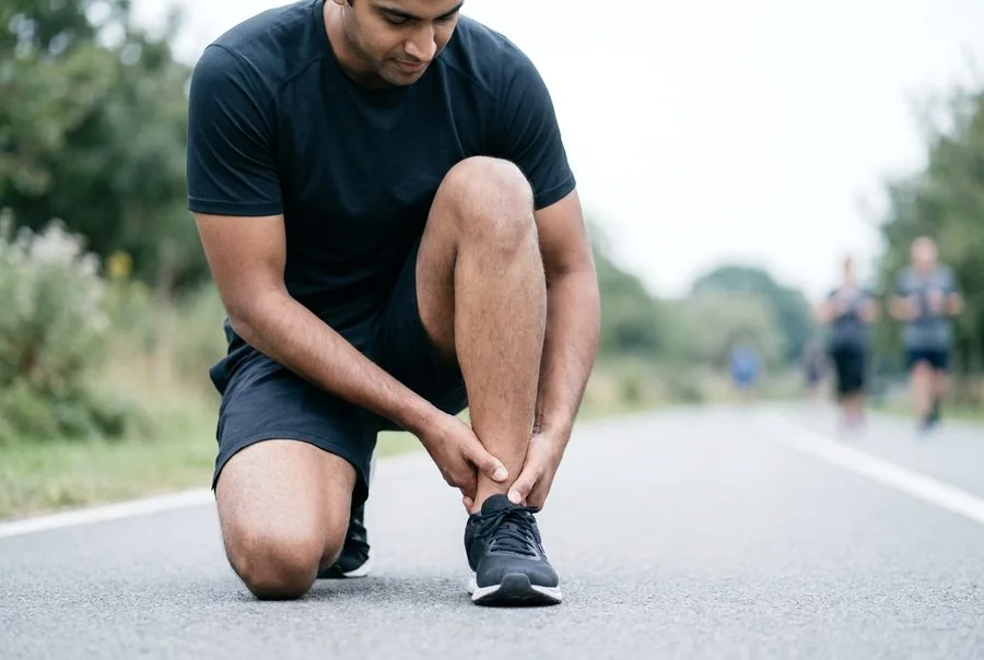 A runner holding his ankle after rolling it