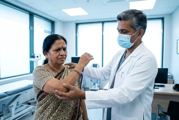 An older patient with a stiff, restricted shoulder being assessed