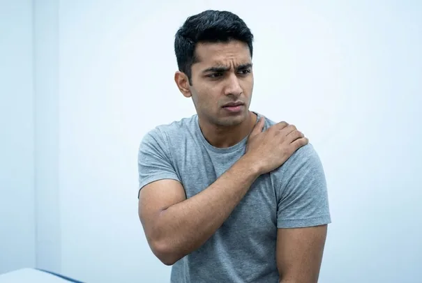 A young man protectively holding his shoulder