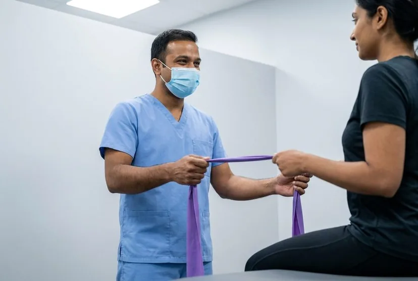 A doctor explaining an X-ray film to a patient