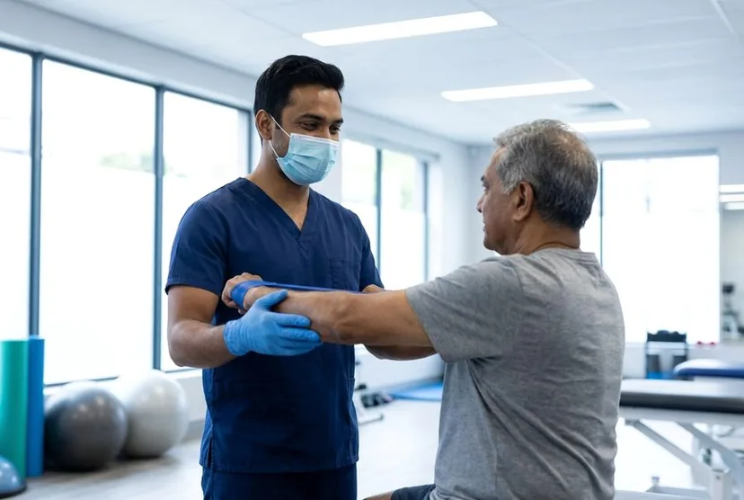 A physiotherapist guiding a patient through a recovery exercise