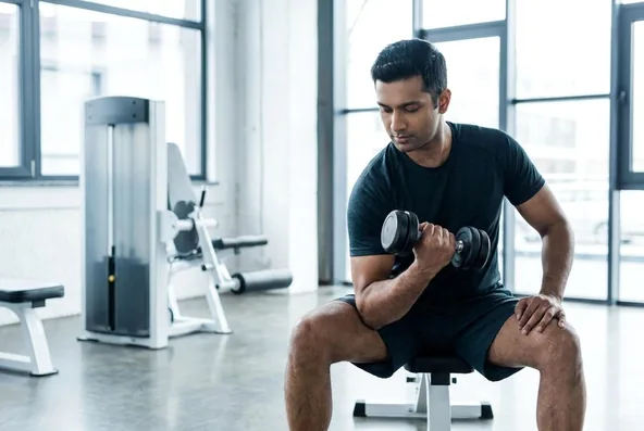 A man doing strength training in a bright modern gym