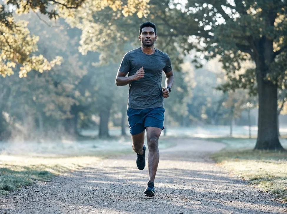 Runner mid-stride on a sunlit street, representing a return to sport after injury