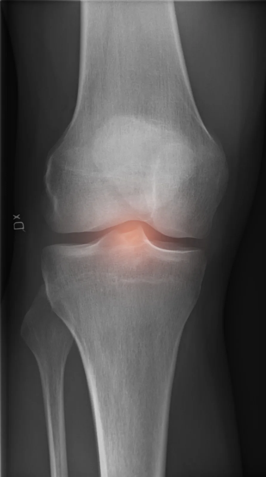 Knee radiograph with the joint line highlighted, where knee pain commonly localises